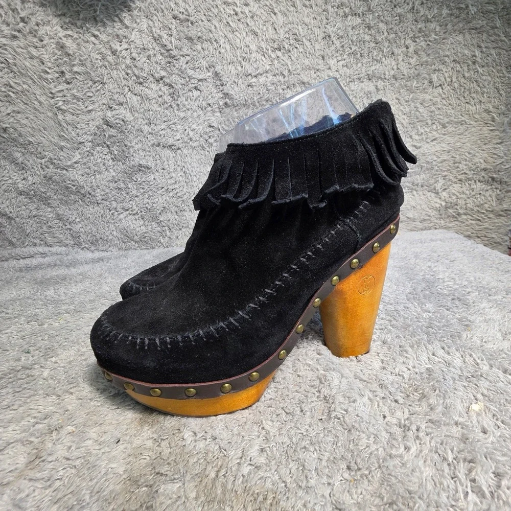 Flogg Moccasin Clog Booties Black Suede Fringe Studded Wood Heel Womens 7.5‎